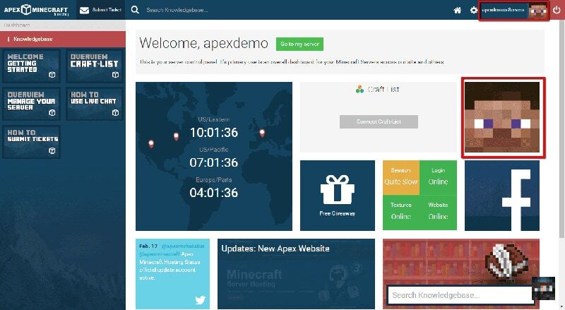 example of the apex hosting minecraft control panel