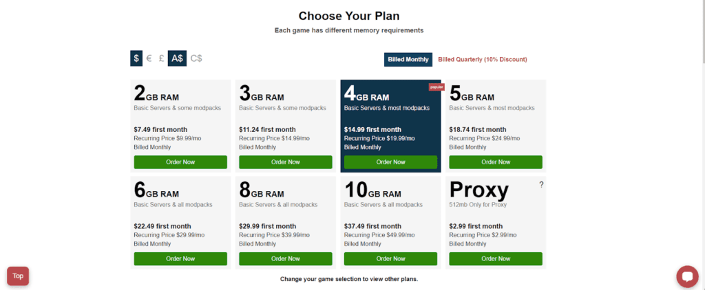 apexhosting mine craft pricing plans